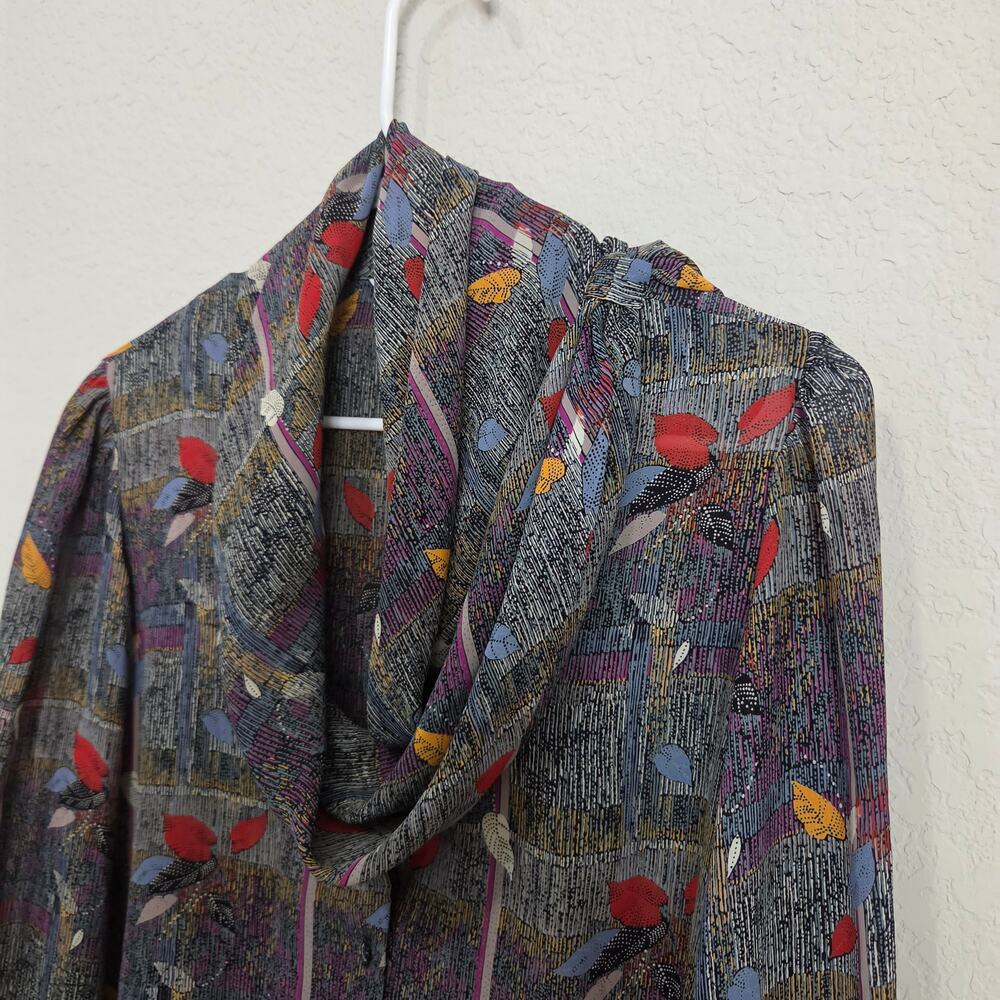 Vintage 80s Blouse Alexandria Womens Large Office Dressy Puff Shoulder Cowl Neck - Picture 11 of 15